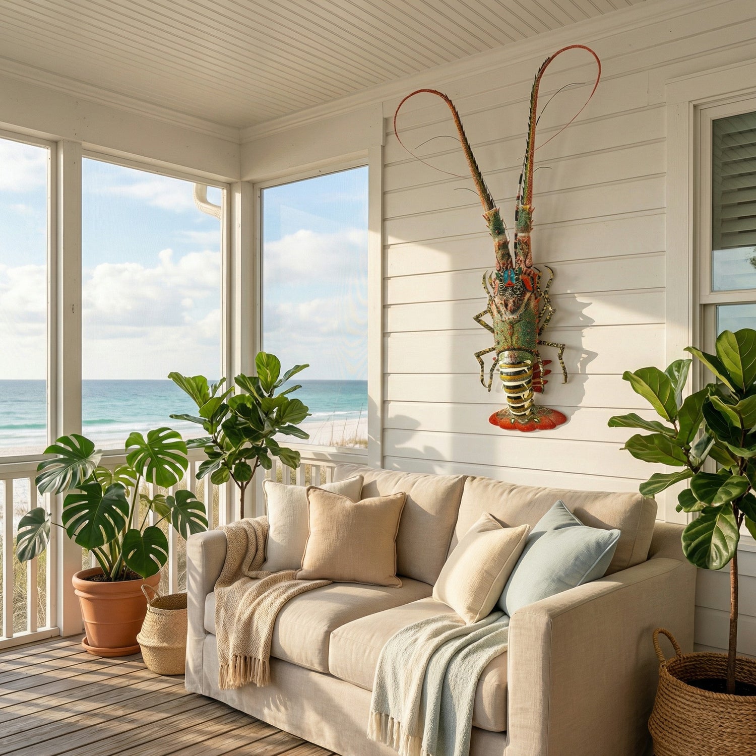 lobster wall art coastal decor in beach house living room with sofa, plants, and ocean view