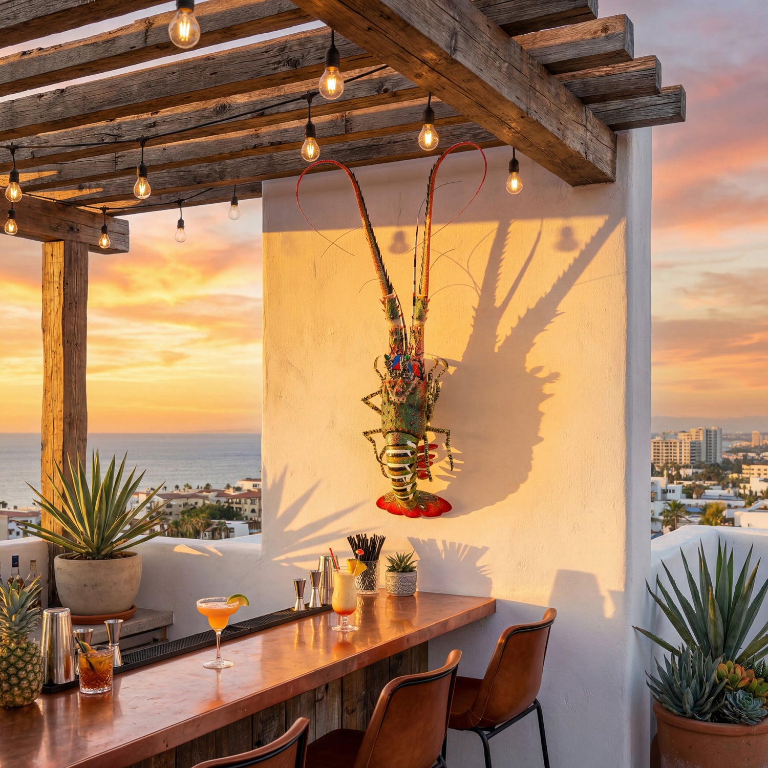 **lobster wall art coastal decor in outdoor beach house bar with sunset ocean view and string lights**
