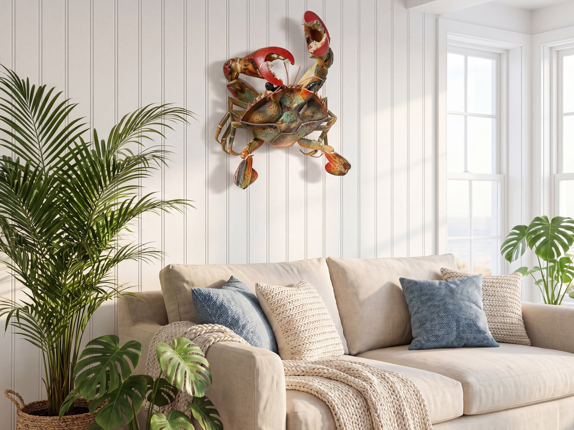 coastal crab wall art decor in bright beach house living room with sofa and plants