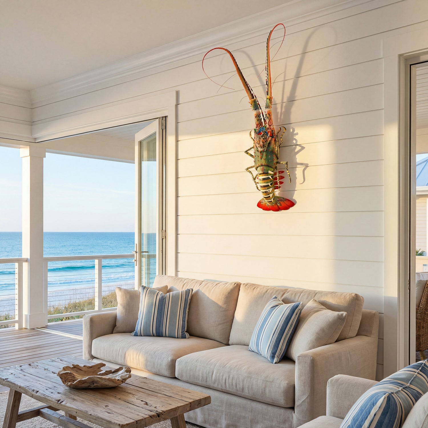 **lobster wall decor coastal living room with beige sofa, wooden coffee table and ocean view balcony**
