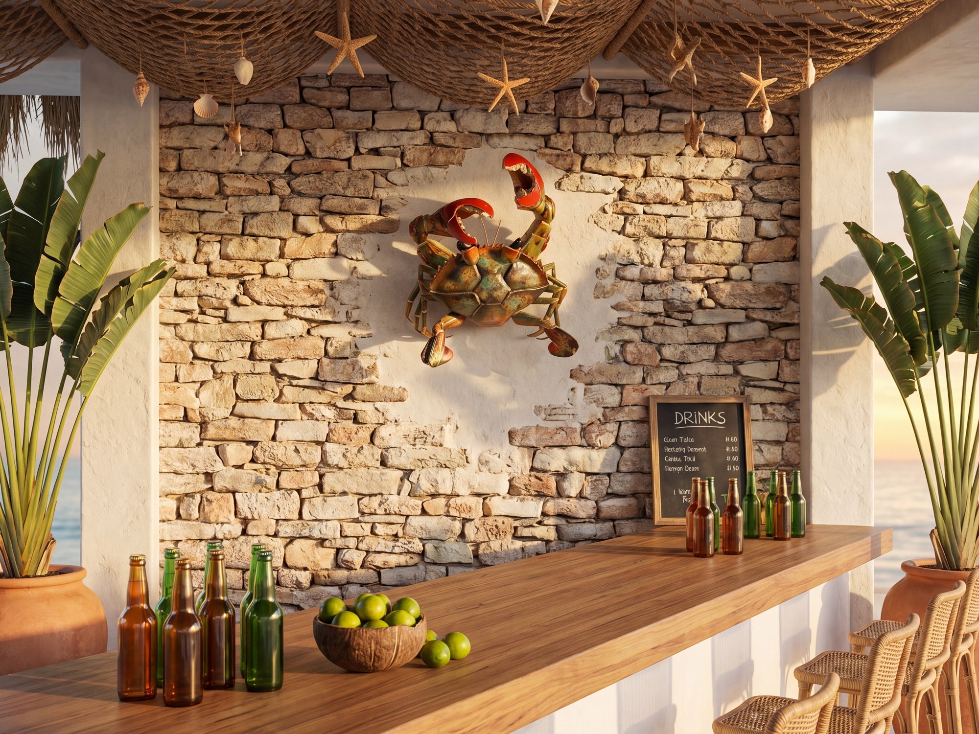 nautical crab wall decor above rustic beach bar with stone wall and tropical setting