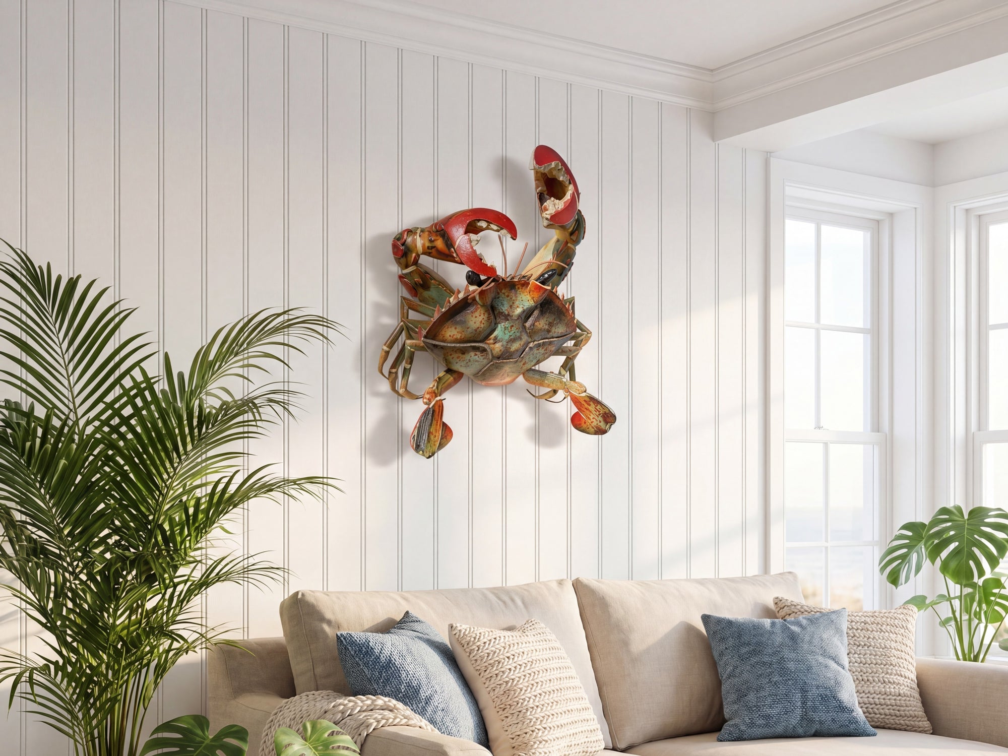 crab wall art coastal decor in bright living room with sofa and tropical plants