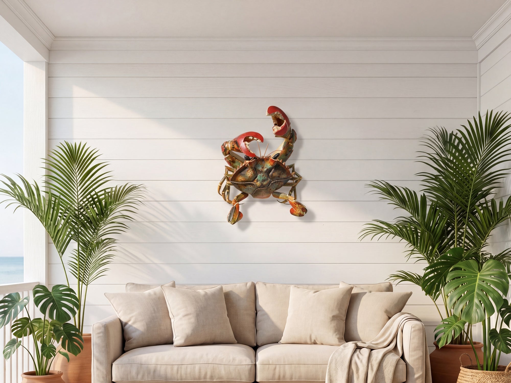 coastal crab wall decor in nautical beach house interior with sofa and large windows