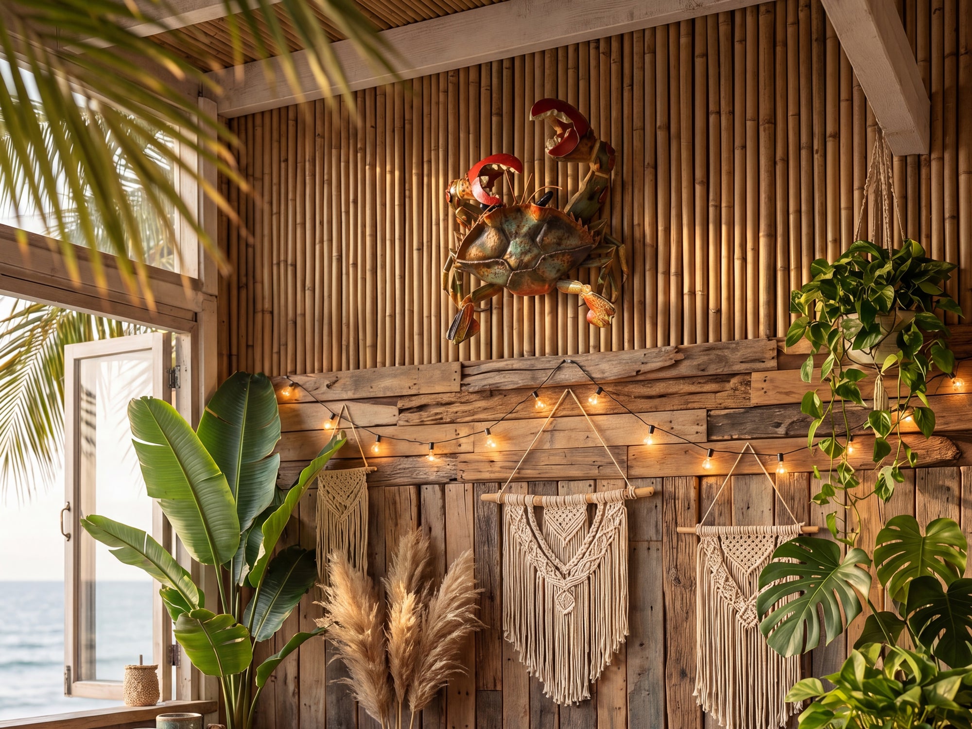 crab wall art coastal decor in boho beach house with wooden wall and macrame details