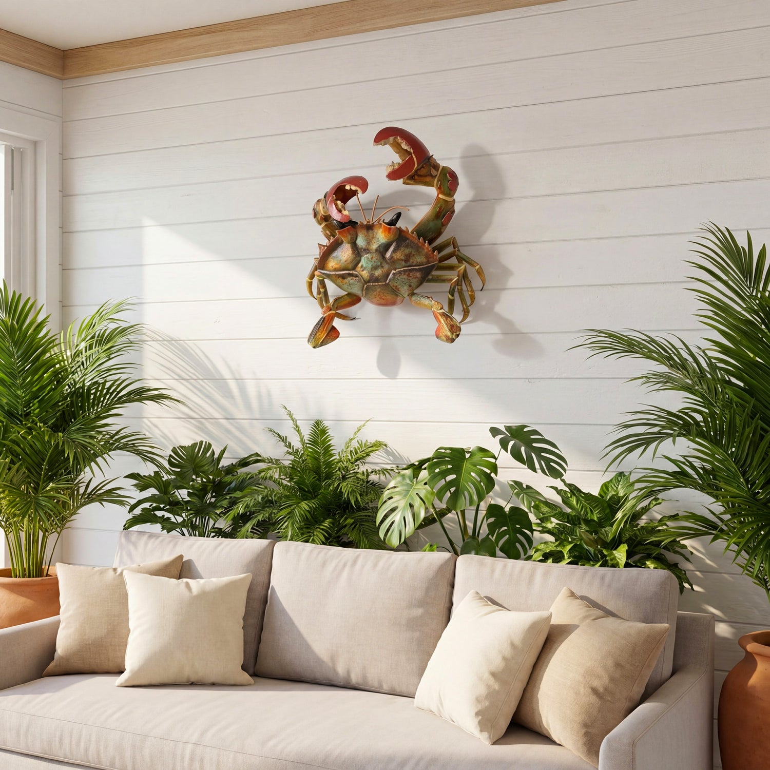 **crab wall decor coastal living room with beige sofa tropical plants modern beach house interior design**
