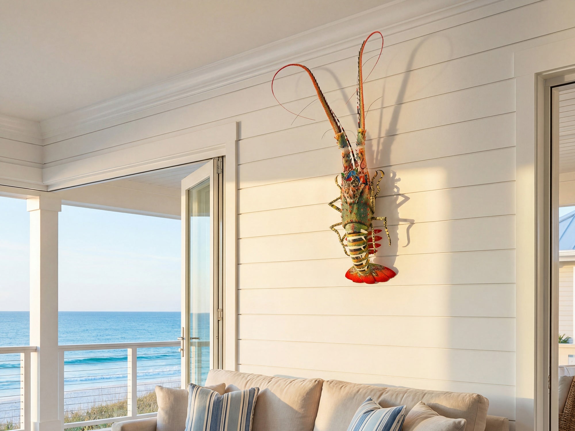 lobster wall art coastal decor above sofa in beach house with ocean view and natural light