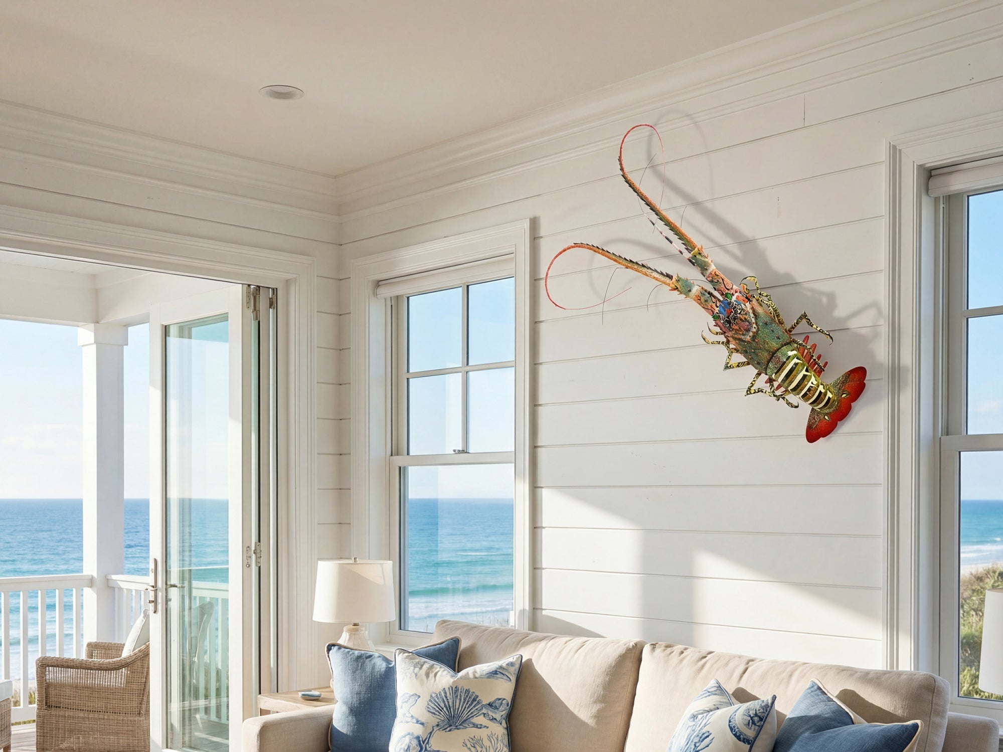 lobster wall decor coastal style in living room with ocean view windows and modern sofa