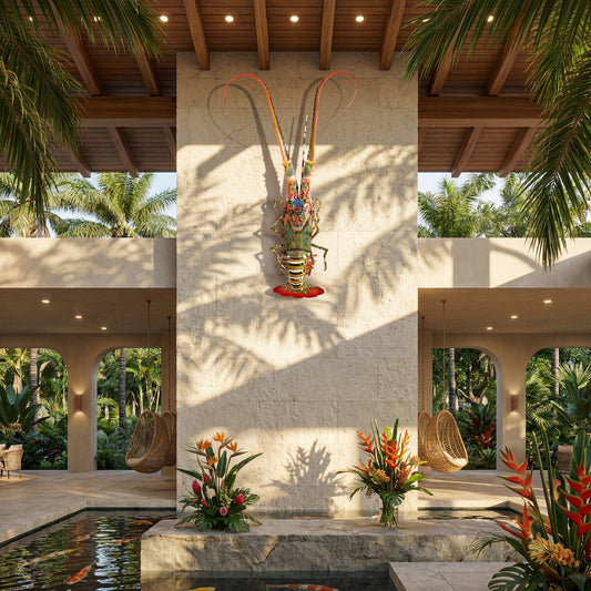 tropical bamboo lobster wall decor luxury villa interior koi pond garden coastal resort style